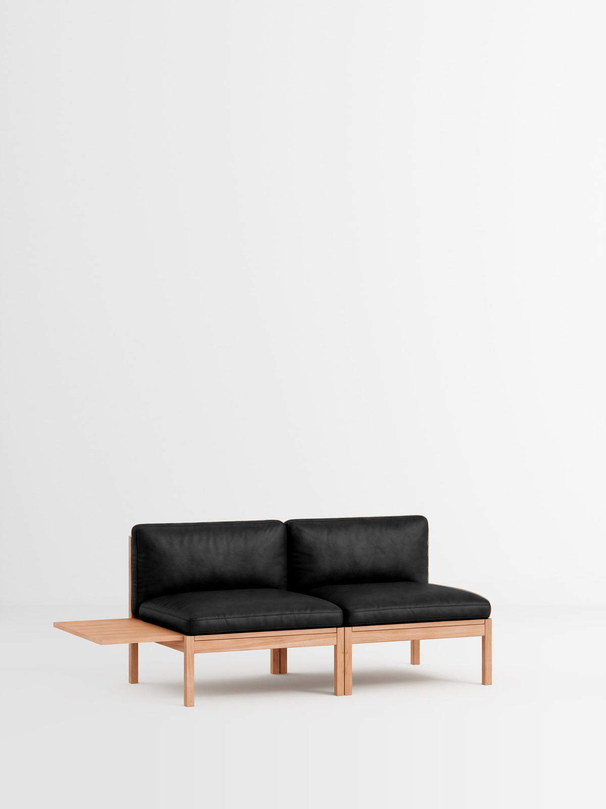 2 Seater Sofa with 1 Side Table – Leather – Black Leather – Oak