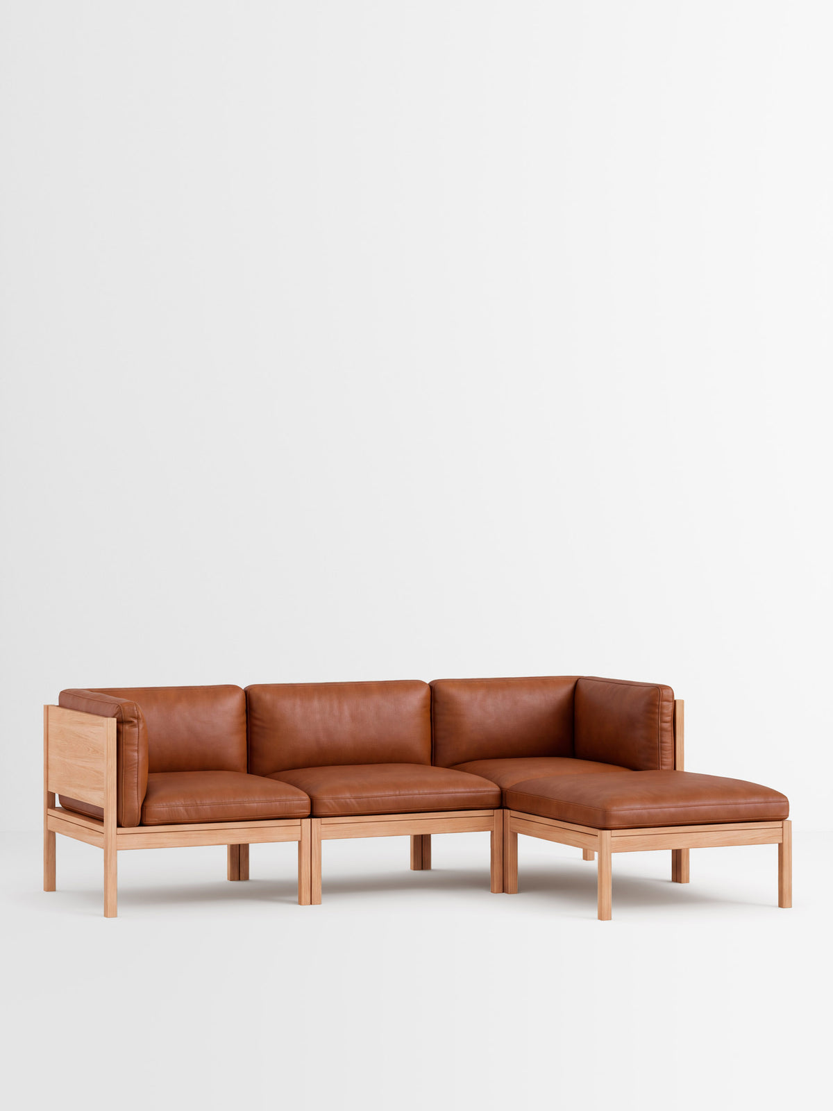 3 Seater Sofa with Sides + Chaise Longue – Leather – Cognac Leather – Oak